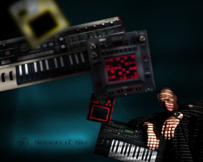 An early graphic design (from around 2007) of myself with the synths that I used to create music.